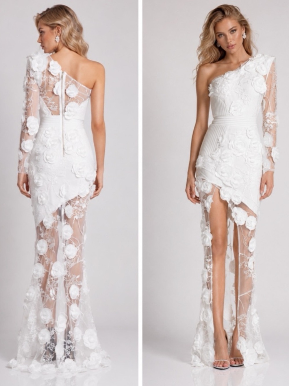 NWT Zhivago “ I found love” One-Shoulder Lace Floral Appliqué Gown White Sz 10
